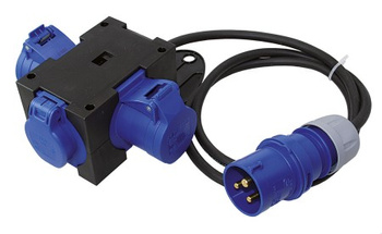 Kabel dystrybucyjny CEE 230V 3-stykowy z wtyczką i 2 gniazdami + Schuko, 1,5 m