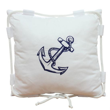PODUSZKA MARYNISTYCZNA BIAŁA 43X43CM KOTWICA HAFTOWANA GRANATOWA