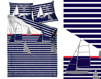 POŚCIEL 220X200 SATYNOWA SEA STORIES DWUSTRONNA ŻAGLÓWKI/PASY